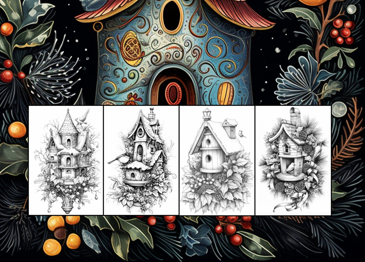 Christmas Bird Houses Coloring Book Grayscale (Printbook) - Monsoon Publishing USA