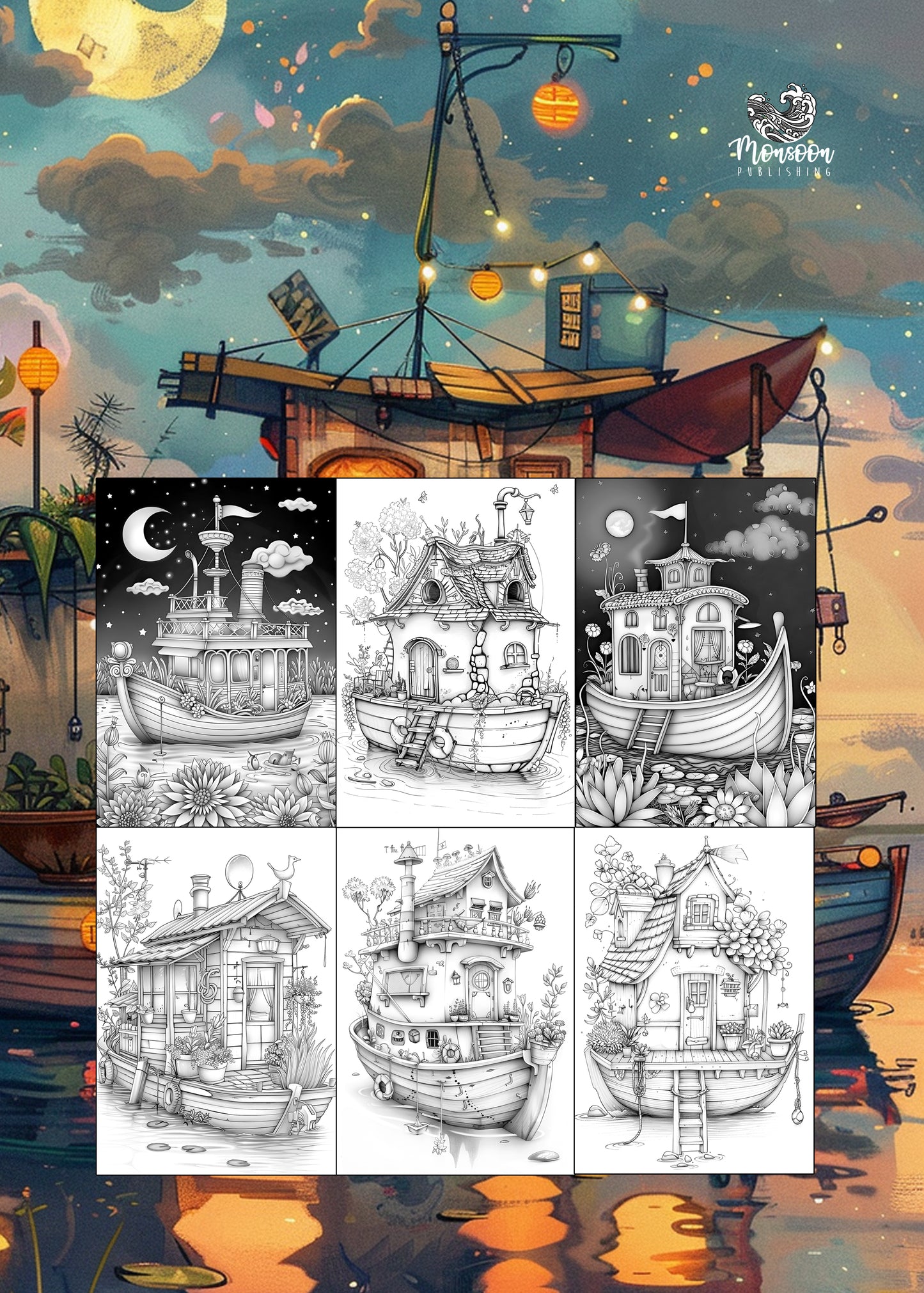 Whimsical Houseboats Coloring Book (Printbook)