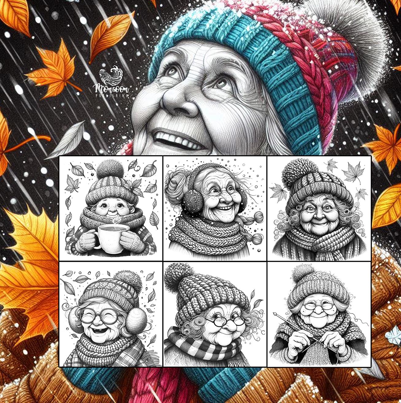 grandma grannies portrait coloring book faces autumn winter fashion coloring book monsoon publishing