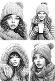 Winter Girls Coloring Book Grayscale (Printbook)