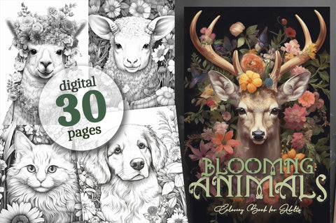 Flowers and Animals Grayscale Coloring Book (Digital)