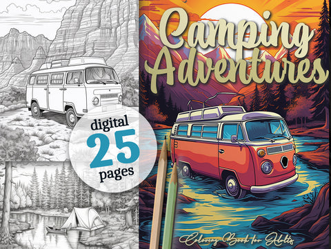 Camping Adventures Grayscale Coloring Book (Digital)