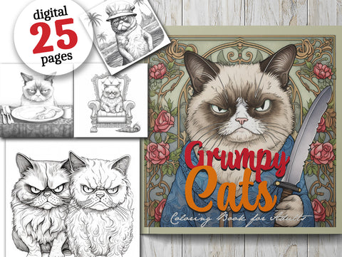 Grumpy Cats Grayscale Coloring Book (Digital)