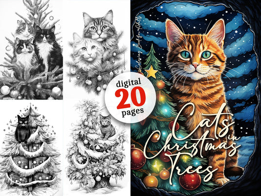 Cats in Christmas Trees Coloring Book Grayscale (Digital) - Monsoon Publishing USA