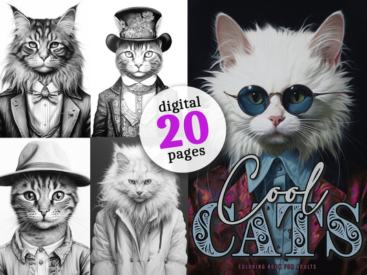 Cool Cats Coloring Book Grayscale (Digital) - Monsoon Publishing USA