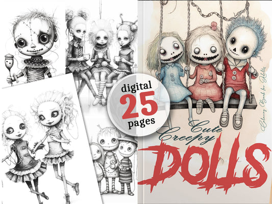 Cute Creepy Dolls Coloring Book Grayscale (Digital) - Monsoon Publishing USA