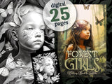 Forest Girls Grayscale Coloring Book (Digital)