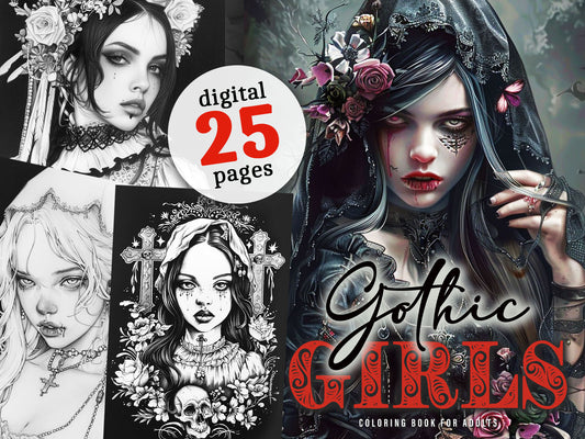 Gothic Girls Coloring Book Grayscale (Digital)