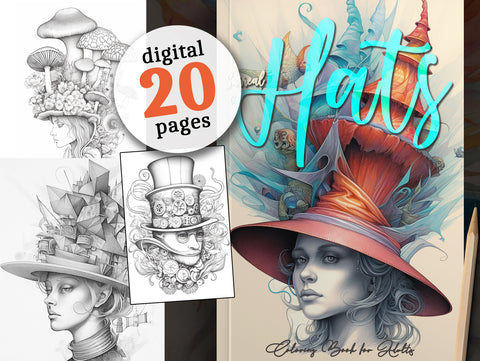 Surreal Hats Fantasy Grayscale Coloring Book (Digital)