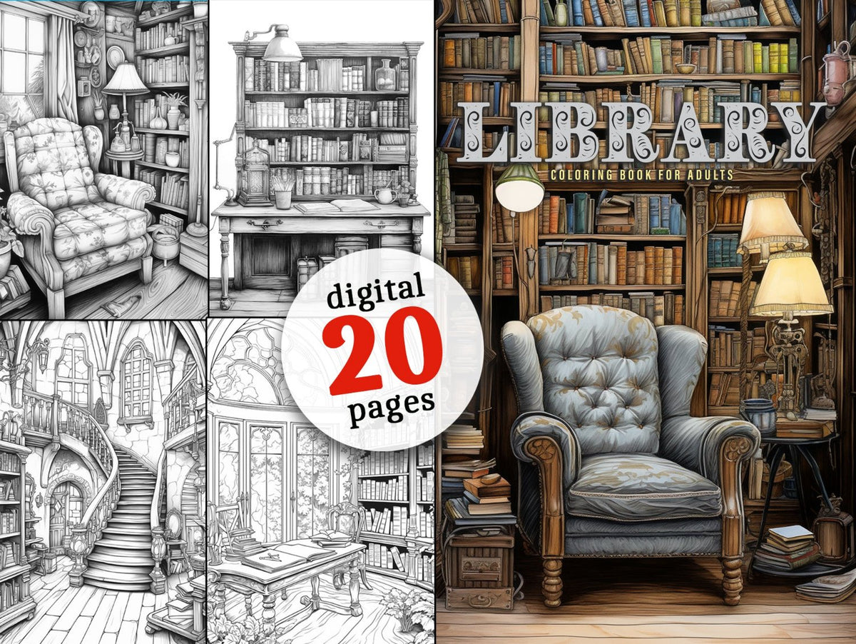 Library Grayscale Library Coloring Book Grayscale (Digital) โ Monsoon Publishing USA