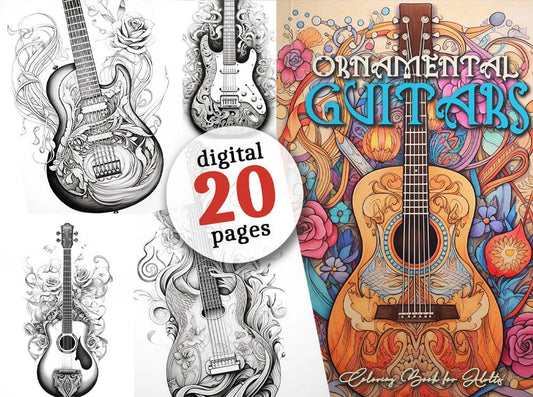 Ornamental Guitars Coloring Book Grayscale (Digital) - Monsoon Publishing USA