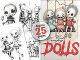 Cute Creepy Dolls Grayscale Coloring Book (Digital)