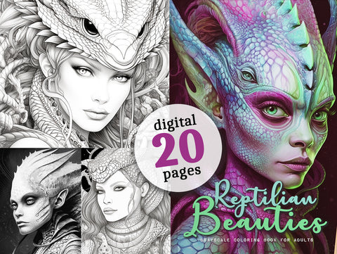 Reptilian Beauties Grayscale Coloring Book (Digital)