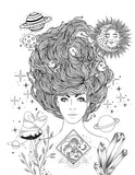 sun moon stars woman with planets sketch