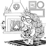 woman with cat and fireplace coloring